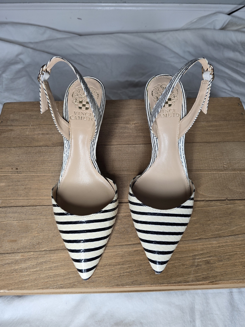 Striped Pointed Slingback Pumps in Black and White - Picture 2 of 10